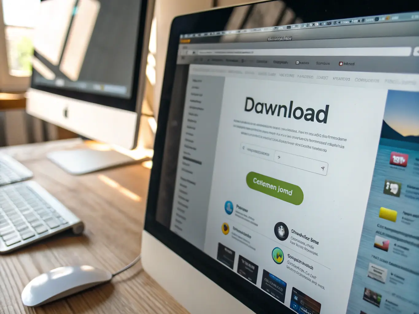 A hand clicking the download button on an iStockPhoto image preview, illustrating the downloading process.