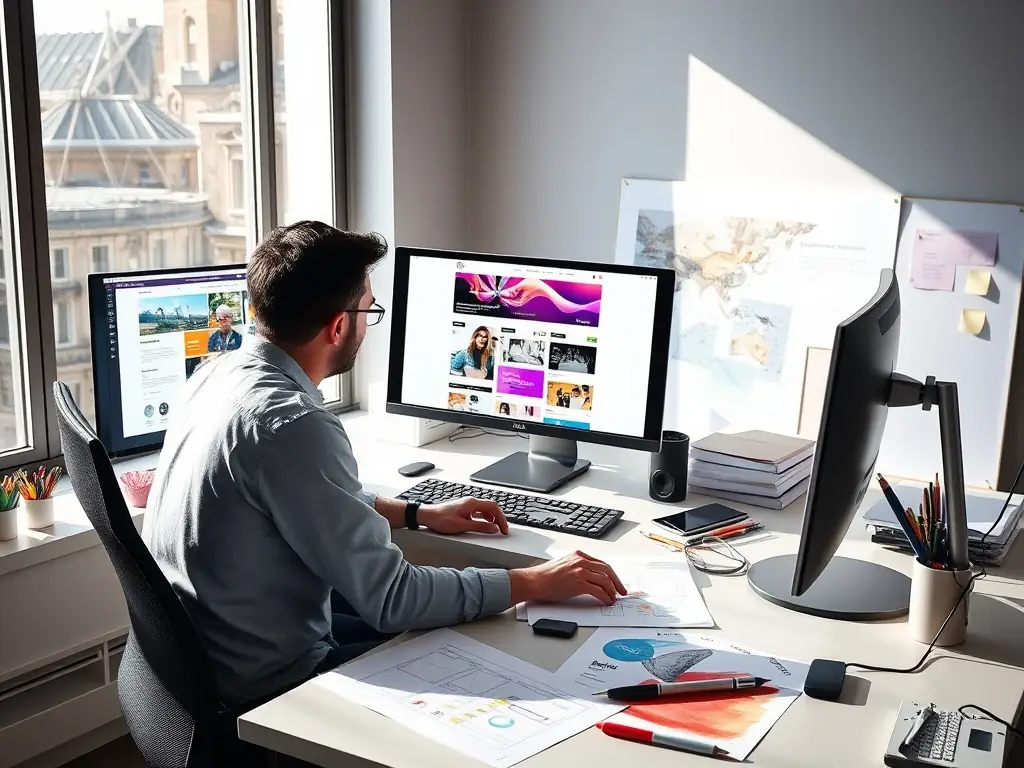 A designer integrating an iStockPhoto image into a website mockup, demonstrating the utilization of stock assets.