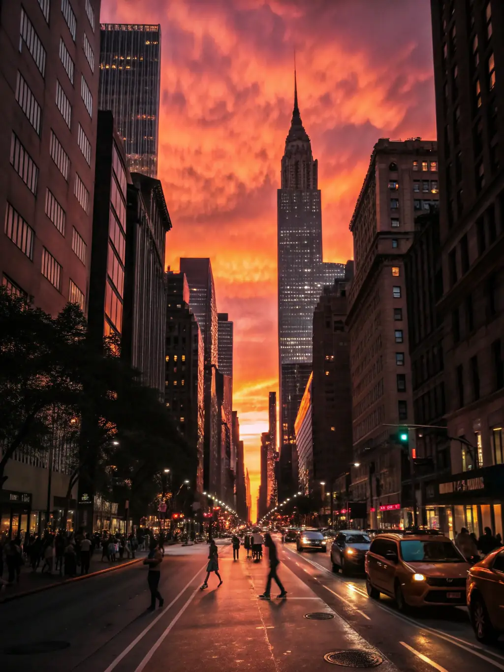 A stunning aerial shot of a bustling cityscape at sunset, showcasing urban life and architectural beauty.