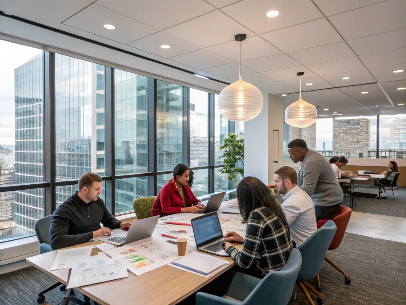 A professional business setting with diverse employees collaborating in a modern office, symbolizing iStockPhoto's business image category.