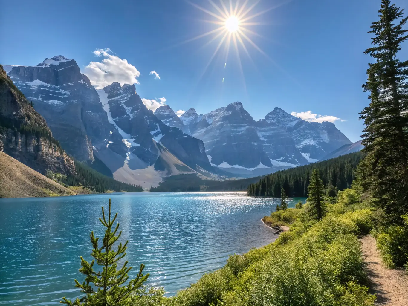 A serene landscape featuring mountains, forests, and a clear blue sky, representing iStockPhoto's nature image category.
